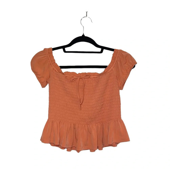 BCBGeneration NWT Papaya Off the Shoulder Smock Cropped Peplum Top Small Women’s - Picture 2 of 11